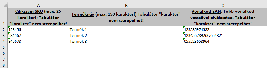 Sample product list for new fulfillment products